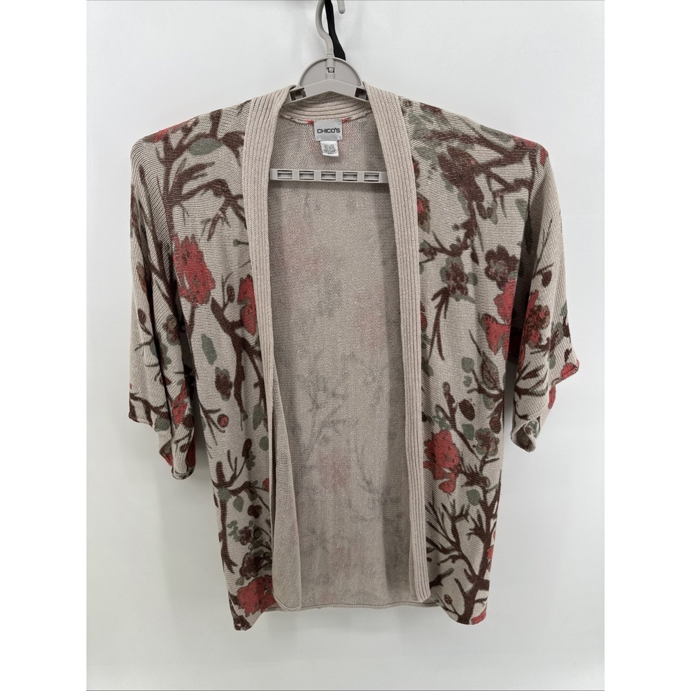 Chicos Floral Open Front Cardigan Cream Linen Rayon Blend Size 1
